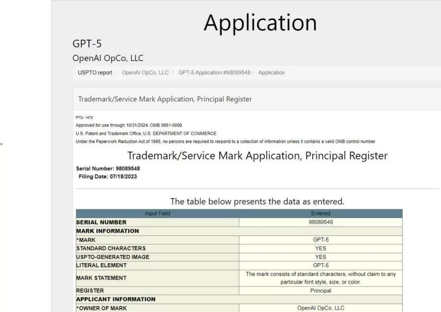 OpenAI GPT 5 trademark application