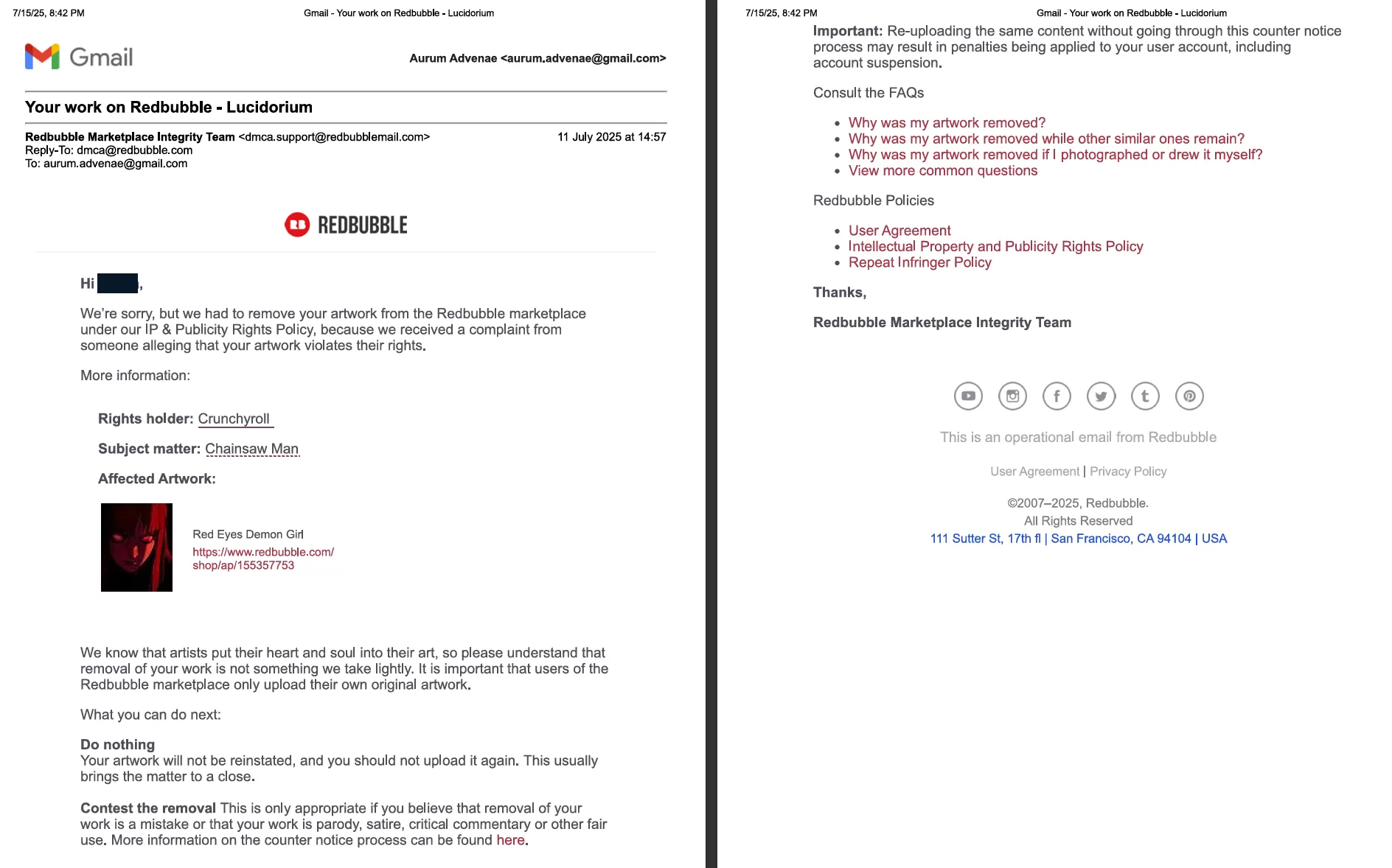 RB email on artwork taken down